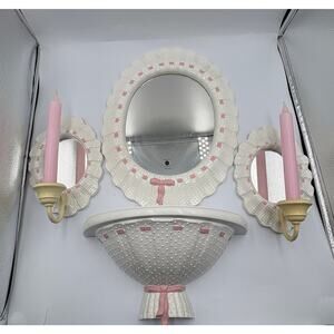 Vintage Homco Hobnail Mirror Sconce Set Shelf Bow Coquette Pink Candles Decor